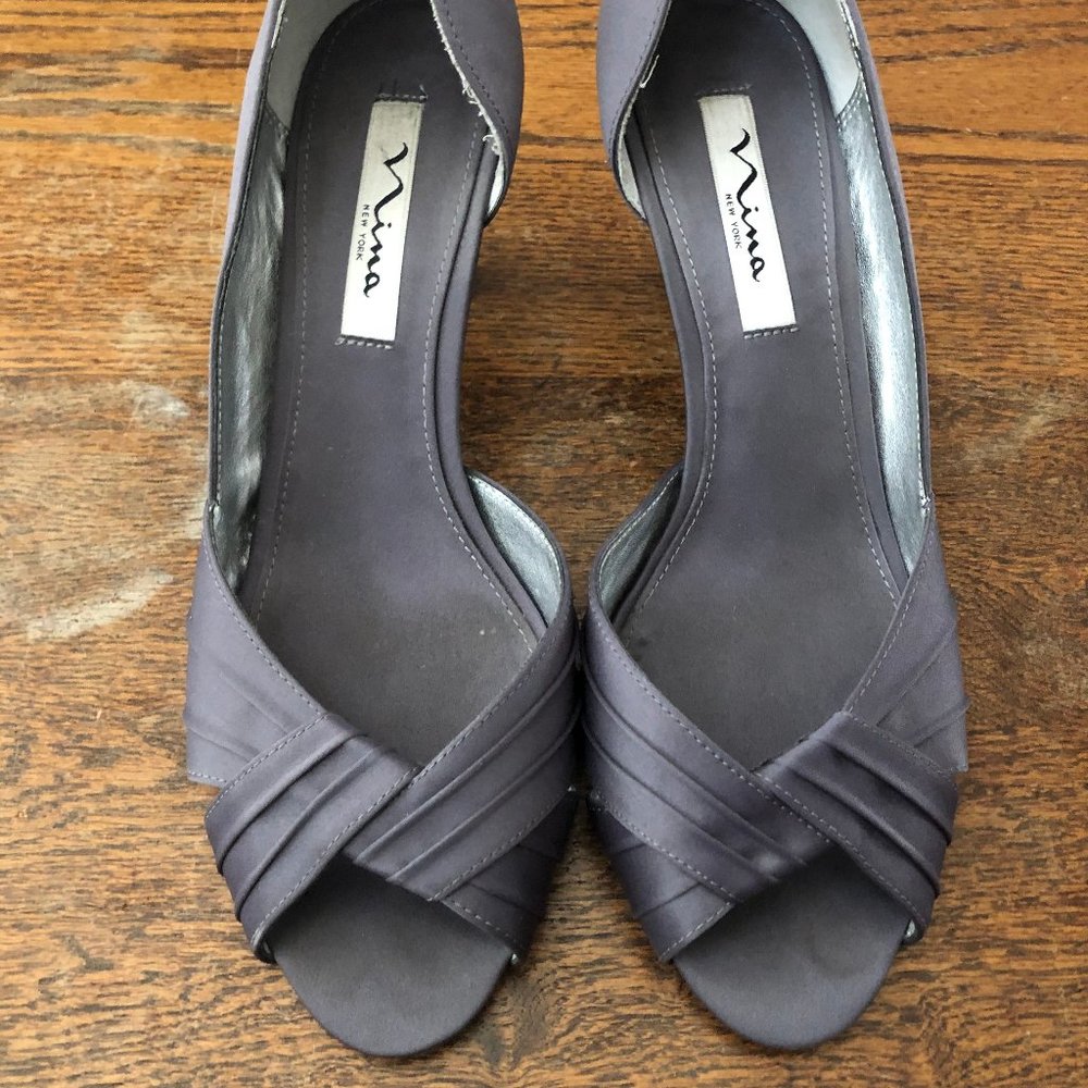Gray Satin Open Toe Kitten Heels